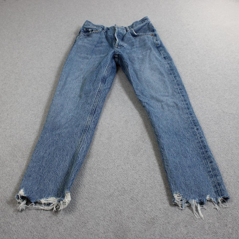 AGOLDE Riley Crop Jeans Women 24 Blue High Rise Straight Frayed Raw Hem Denim